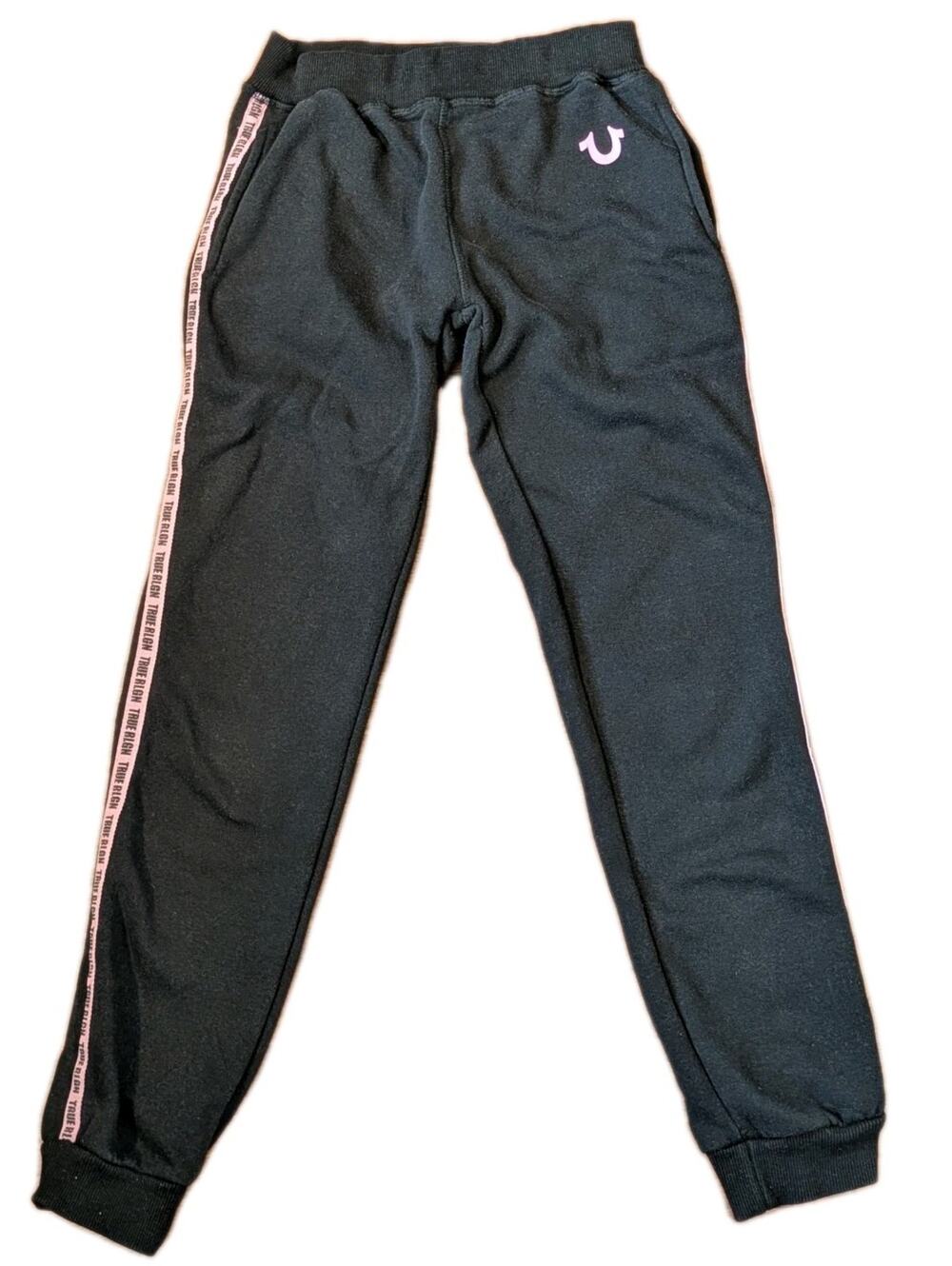 True Religion Womens Large Black Jogger Sweatpants Pink Logo Side Stripe